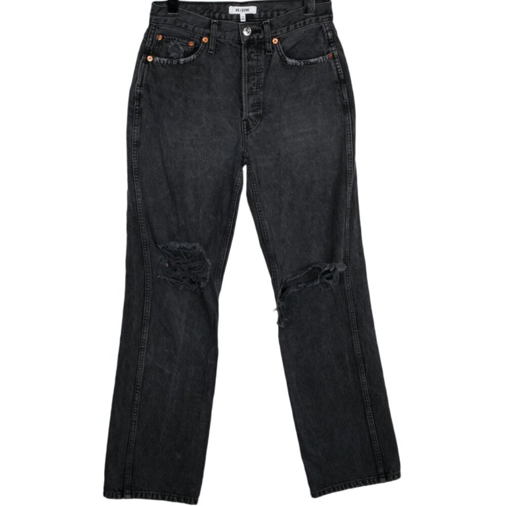 Re/Done Women's 28 Black Mid Rise Straight Leg Distressed Jeans Casual Denim